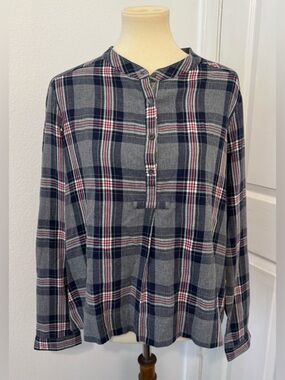 Xirena Cotton Half Button Up Shirt Plaid Metallic Placket Comfy Small